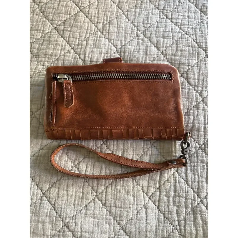 Vilenca Holland Wallet Brown Cognac Leather Woven Soft Slot Basketweave Wristlet